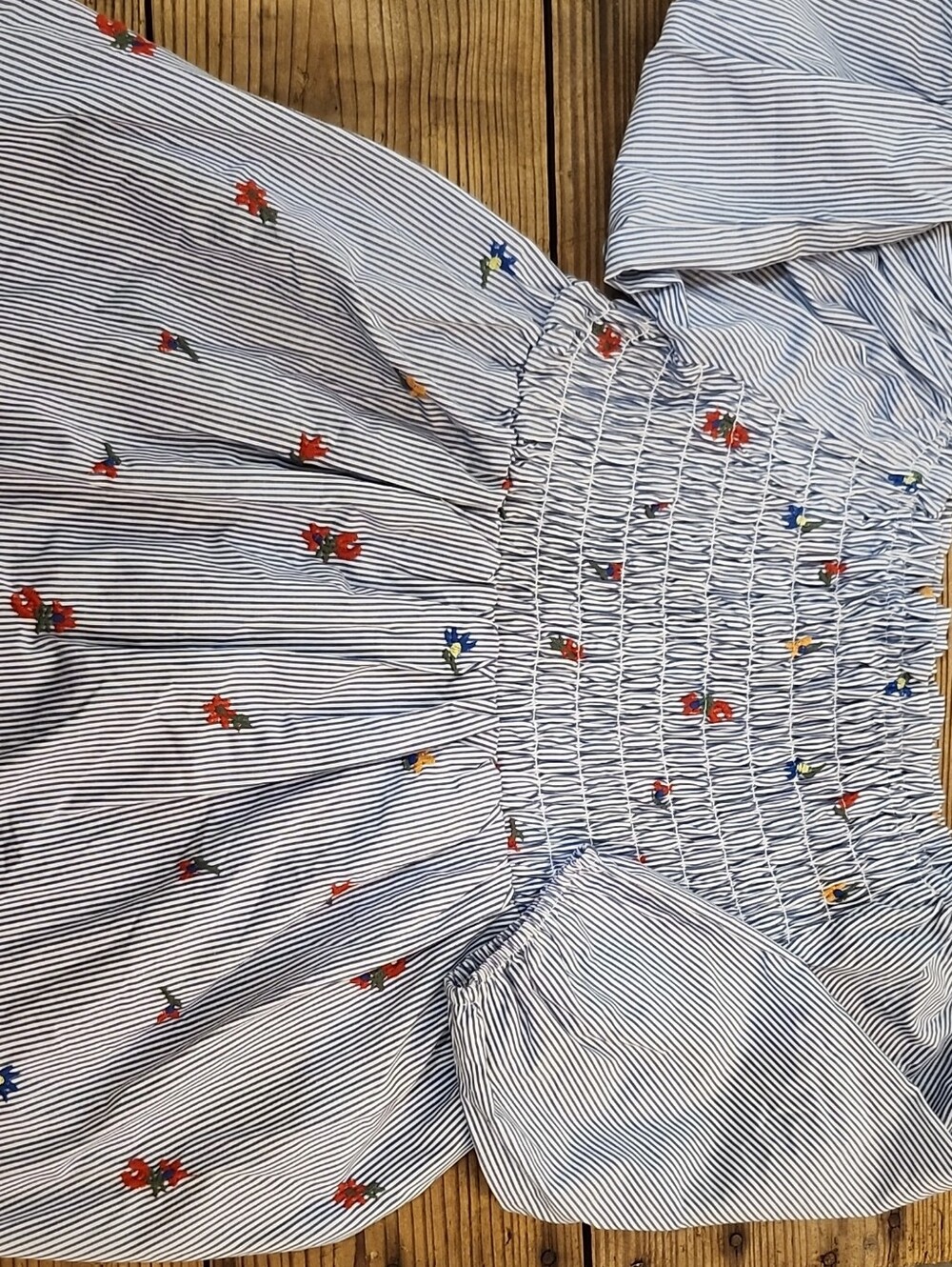 Vintage Women's Blue Stripe Embroidered Smocked Bodice Floral Dress Off-shoulder
